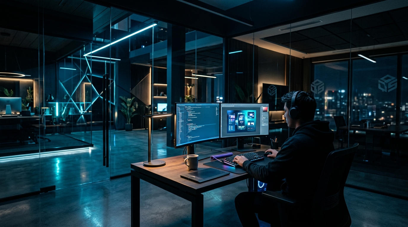 Aura Digital creative design studio with modern developer workstation and multi-monitor setup