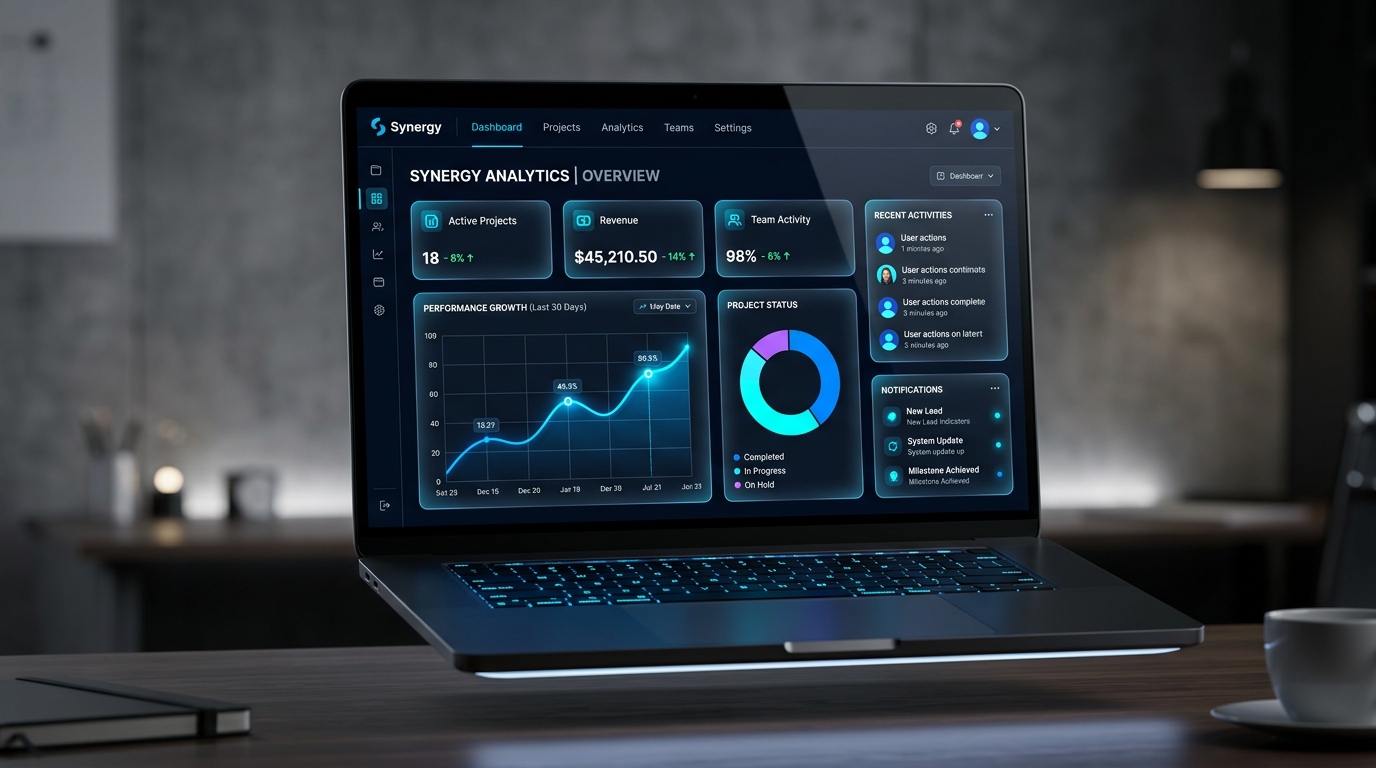 Synergy SaaS Analytics Web Application Interface with interactive performance charts